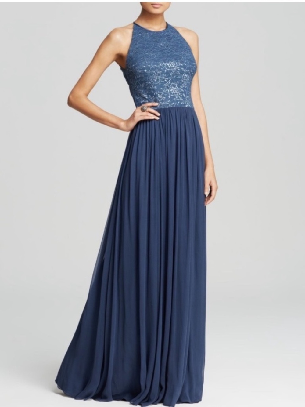Vera Wang Halter Open Back Lace Dress